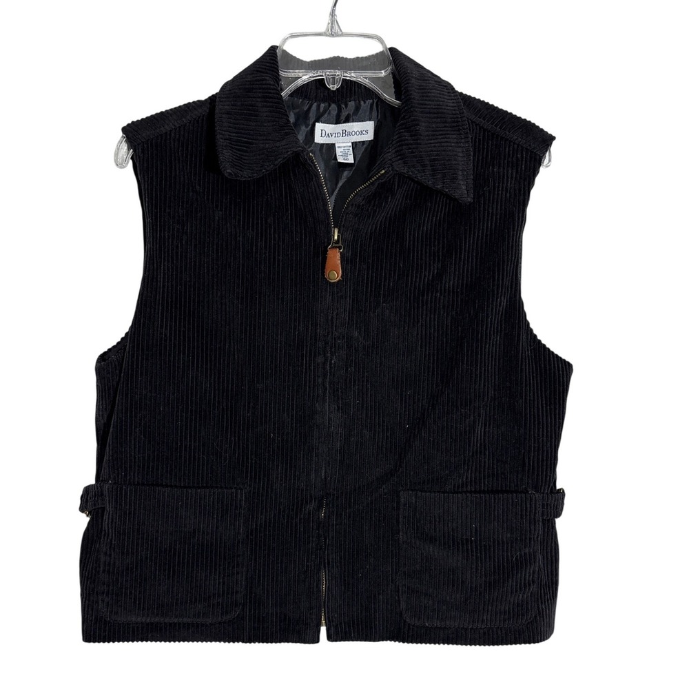 David Brooks Black Corduroy Zip Front‎ Vest Women's Size Medium Utility Pockets